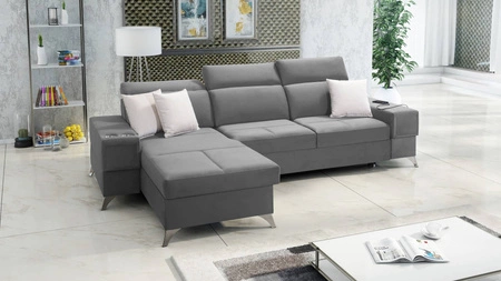 Ecksofa mit Schlaffunktion Elgin grau linkes Ecksofa mit verstellbaren Kopfstützen praktische Schubladen in den Seiten des Möbels