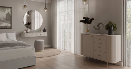 Kommode mit Schubladen Ovalio 123 cm beige elegante Kommode mit einem außergewöhnlich stilvollen Design ovale Form akzentuiert durch Fräsen