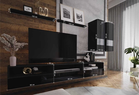 Kiria schwarz / schwarz glänzend Universelle und stilvolle Wohnwand mit Push-to-Open-System für Türen und Schubladen