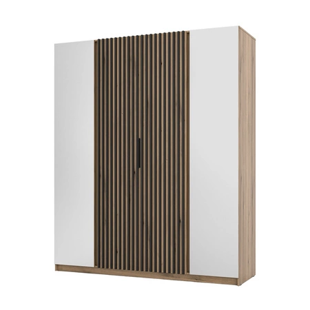 Kleiderschrank mit Spiegel Kastano XIV 200 cm Eiche evozieren elegantes Design Kleiderschrank Tür mit schwarzen Lamellen dekoriert Kleiderschrank für Flur