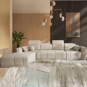 Ecksofa mit Schlaffunktion Cetara XII beige linke Seite stilvolles Design bequeme verschiebbare Rückenlehnen zwei Bettzeugbehälter