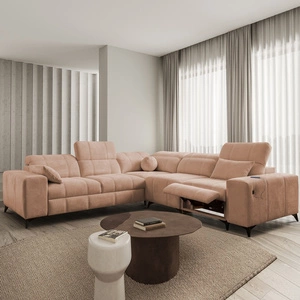 Ecksofa mit Schlaffunktion Penejos III Lux lachsfarben bequemes Ecksofa für das Wohnzimmer mit ausziehbarem Fußteil Bettwäschecontainer