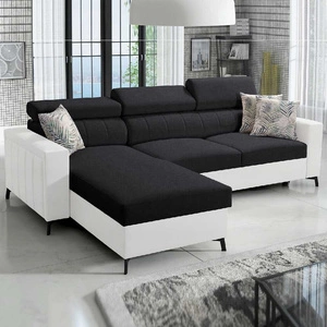 Ecksofa mit Schlaffunktion Savona schwarz / weiß links elegantes Ecksofa mit verstellbaren Kopfstützen Ziernähte