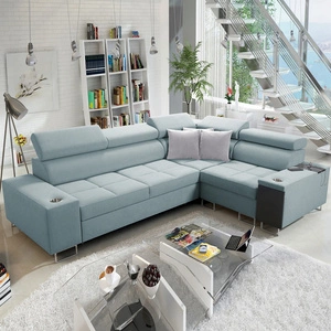 Ecksofa mit Schlaffunktion Dafni II arktisblau rechtwinkliges geflochtenes Ecksofa mit Bettzeugschublade in der Seite des Möbels