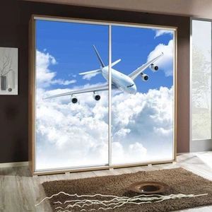 Artistino 205 cm Schiebeschrank mit Flugzeuggrafik Schrankkorpus in Eiche Catania aus 22 mm starker Platte