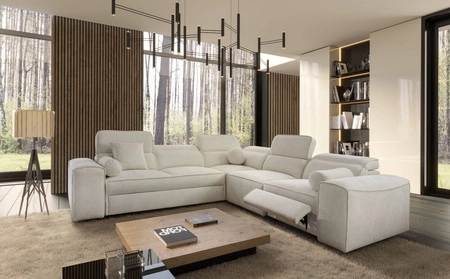 Ecksofa mit Schlaffunktion Viano III Lux cremefarbenes rechtes Ecksofa für das Wohnzimmer mit ausziehbarem Fußteil Bettwäschecontainer