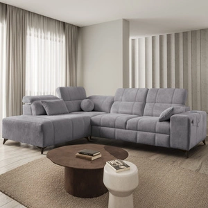 Ecksofa mit Schlaffunktion Penejos VII hellgrau linke Seite stilvolles Ecksofa mit Bettzeugablage komfortable verstellbare Kopfstützen