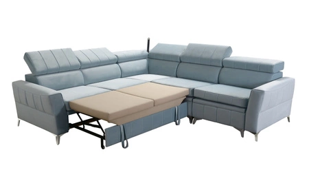 Ecksofa mit Schlaffunktion Rava IV blauer Samt rechtes Ecksofa Komfort bei der täglichen Erholung Behälter für Bettzeug