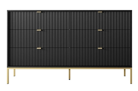 Kommode mit Schubladen Lovro 154 cm schwarz modernes Design wird Liebhaber von ausdrucksstarken Interieurs geriffelte Fronten Gold Zubehör begeistern