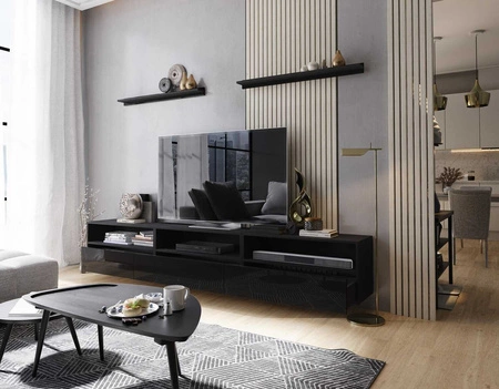 Kaires 258 cm schwarz / schwarz glänzend wandmontierter RTV-Schrank mit Einlegeböden elegantes und stilvolles Design, das zu jeder Einrichtung passt