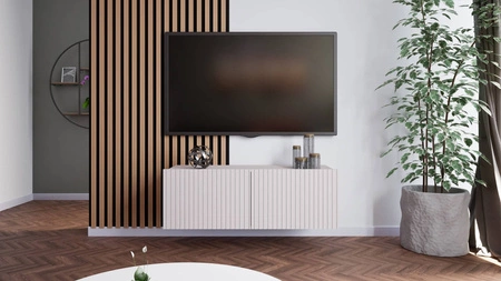 RTV Schrank Colder 100 cm beige mit der Möglichkeit der Aussetzung stilvolle geriffelte Front elegante Form der Möbel in einem modernen Stil