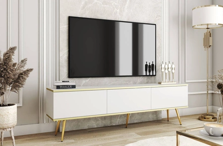 TV Schrank Luxury 175 cm weiß eleganter Designkorpus mit goldener Zierleiste Schrank auf goldenen Metallbeinen