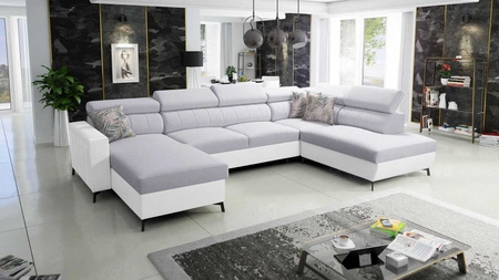 Ecksofa mit Schlaffunktion Savona VI grau Esche / weiß links bequemes Ecksofa für Wohnzimmer mit zwei Bettkästen 