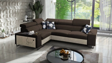 Ecksofa mit Schlaffunktion Flavio II braun/beige links bequemes Ecksofabett offene Bar an der Seite des Möbels