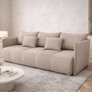 Sofa mit Schlaffunktion Selva hellbeige Funktionssofa für Wohnzimmer mit Bettzeugbehälter aus Stoff mit Plüschoberfläche