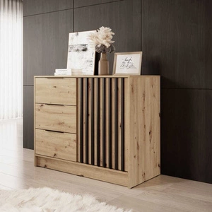Kommode mit Schubladen Aspen 105 cm Eiche Artisan / Schwarze Lamellen modernes Design Schranktüren der Kommode mit dekorativen Lamellen