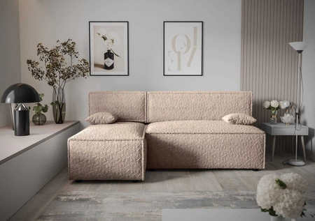 Ecksofa mit Schlaffunktion Brandon beige linke Seite weicher Stoff mit charakteristischer Schlingenoberfläche Bettzeugbehälter