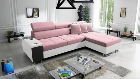 Ecksofa mit Schlaffunktion Dafni Indischem Rosa/Weiß rechtsseitig aus Samt bietet Komfort und Funktionalität während der täglichen Erholung