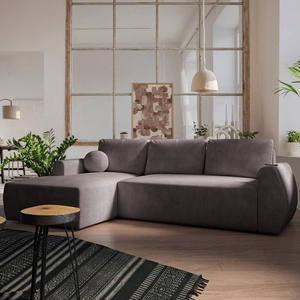 Ecksofa mit Schlaffunktion Colio braun linke Seite stilvolles Ecksofa mit interessanter Form Velours Stoff dekorative Kissen Ball