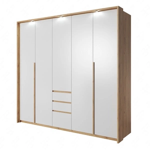 Kleiderschrank Novi 229 cm Eiche handwerklich gold / weiß Funktionsmöbel klassische Form idealer Kleiderschrank für Schlafzimmer oder Ankleidezimmer LED-Beleuchtung