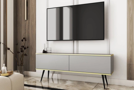 TV-Schrank Luxury 135 cm Korpus in grauem, elegantem Design mit goldener Zierleiste Schrank auf schwarzen Metallbeinen