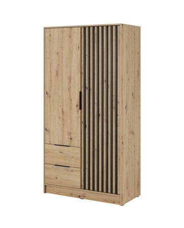 Kleiderschrank Aspen 105 cm handwerkliche Eiche / schwarze Lamellen modernes Möbeldesign Schranktür mit Lamellen verziert