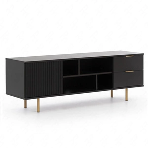 RTV Schrank Sula 150 cm schwarz elegantes Design dekorative geriffelte Front mit Push-to-Open-System Metall hohe Beine