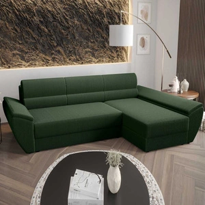 Ecksofa mit Schlaffunktion Fogu III grün rechtsseitig stilvolles Ecksofa mit Armlehnen und Bettzeugablage Kordelstoff