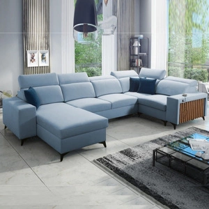Kelly IV Ecksofa mit Schlaffunktion blau links Samt bequemes Ecksofa verstellbare Kopfstützen seitlich mit Lamellen eingefasst