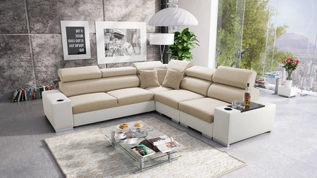 Ecksofa mit Schlaffunktion Provo III creme / weiß rechtes Ecksofa mit Bettzeugablage und verstellbaren Kopfstützen