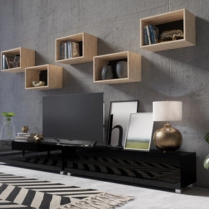 Apulia XXXII schwarz glänzend / Eiche artisan Eine außergewöhnlich stilvolle Schrankwand mit schlichten Möbelstücken, die sich in jede Einrichtung einfügt