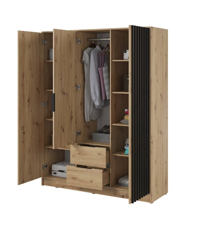 Kleiderschrank Aspen 155 cm Eiche Artisan / Schwarze Lamellen modernes Design Schranktüren mit dekorativen Lamellen