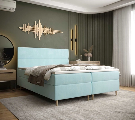 Boxspringbett Bing 160x200 Hellblau im modernen skandinavischen Stil mit markantem Kopfteil
