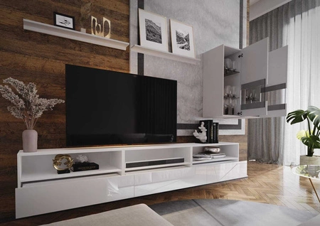 Kiria weiß / weiß glänzend universelle und stilvolle Schrankwand für das Wohnzimmer Push-to-Open-System für Türen und Schubladen