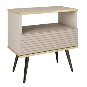 Nachttisch mit Schublade Luxury beige eleganter Designschrank mit Goldverzierung Schrank mit geriffelter Front schwarze hohe Beine
