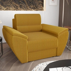 Sessel Fogu Honig-Gelb modernes Design bequemer Sessel für Wohnzimmer Kordstoff mit ausdrucksvollen Streifen breite Armlehnen