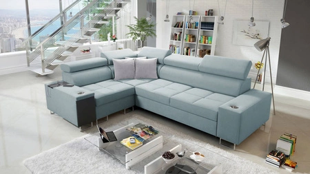Ecksofa mit Schlaffunktion Dafni II arktikblau links geflochtenes Ecksofa mit Bettzeugschublade in der Seite des Möbels