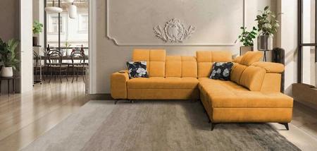 Ecksofa mit Schlaffunktion Buffalo IX gelb rechte Seite stilvolles Ecksofa für Zimmer aus Velourstoff Zierkissen