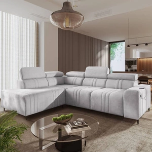 Ecksofa mit Schlaffunktion Castel VII grau Esche links stilvolles Ecksofa mit Bettzeugablage und verstellbaren Kopfstützen