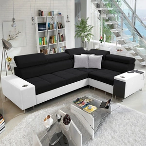 Ecksofa mit Schlaffunktion Dafni II schwarz-weißes, rechts geflochtenes Ecksofa mit Bettzeugstauraum und Schublade mit Vollauszug