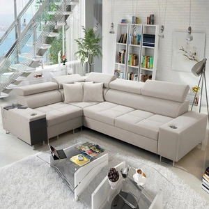 Ecksofa mit Schlaffunktion Dafni II hellbeige Linkshänder-Ecksofa aus Samt mit Bettzeugstauraum und Schublade mit Vollauszug