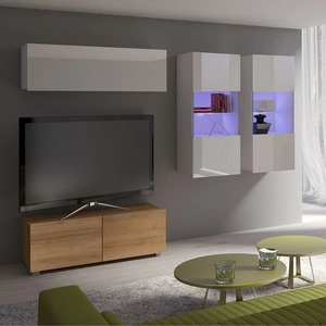 Möbelwand Apulia XII weiß glänzend / goldene Eiche ein außergewöhnlich stilvolles Wandelement einfache Elemente, die in jedes Interieur passen