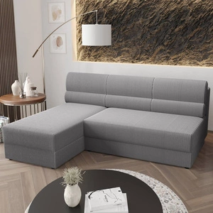 Ecksofa mit Schlaffunktion Fogu grau Esche links Ecksofa mit einfachem Design mit Cord-Stoff Bettzeug-Container bezogen
