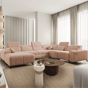 Ecksofa mit Schlaffunktion Penejos VIII Lachsfarbe linke Seite stilvolles Ecksofa Bett aus strapazierfähigem Stoff