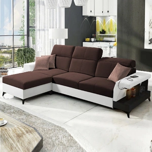 Ecksofa mit Schlaffunktion Bresso braun/weiß linke Seite stilvolles Ecksofa mit praktischer Ablage in schwarz verstellbare Kopfstützen