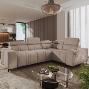 Ecksofa mit Schlaffunktion Castel II hellbraun rechts komfortables Ecksofa mit verstellbaren Kopfstützen Container für Bettzeug