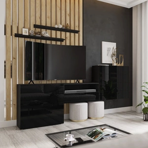 Möbelwand Agria schwarz / schwarz glänzend außergewöhnliches Design praktische Lösung ideal für jedes Wohnzimmer optisch vergrößert den Innenraum