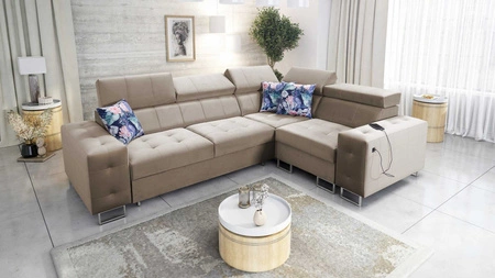 Ecksofa mit Schlaffunktion Hampton II beige rechte Seite stilvolles Ecksofa Bett weiche Polsterung Stoffart Samt