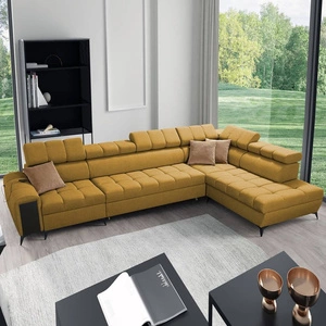 Ecksofa mit Schlaffunktion Bolmso XI Senf rechts stilvolles Design Ecksofa mit Schublade und Bettzeugkästen