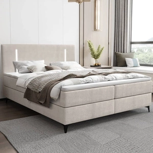 Boxspringbett Norco 180x200 ecru stilvolles Bett mit Bettwäsche Container Beleuchtung im Kopfteil fügt eine einzigartige Note
